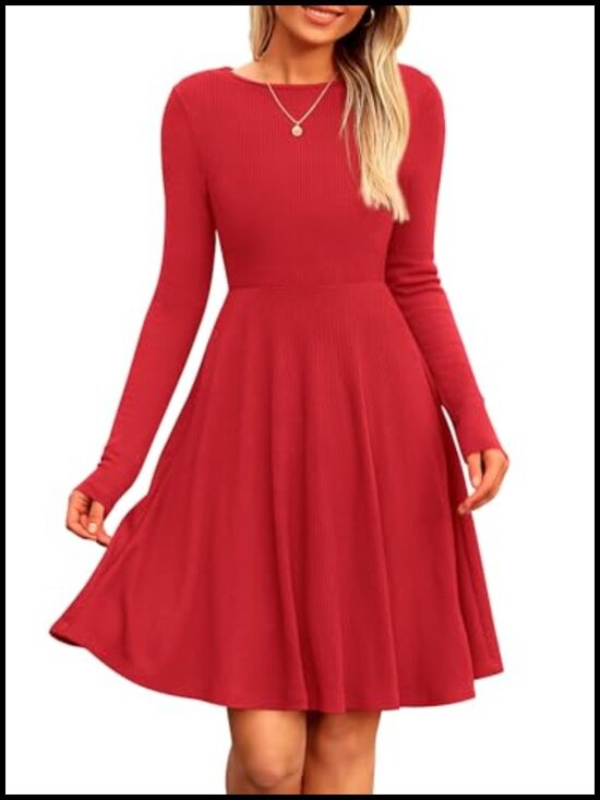 Dresses & Skirts - Ribbed Knit Long Sleeve A-Line Mini Sweater Dress Crewneck Stretch Casual